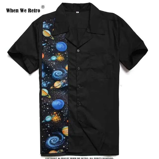 Best Offers When We Retro Short Sleeve Men Shirt ST110 Space Pattern Retro Men Black Shirts camisa hombre Button Up Bowling Shirt