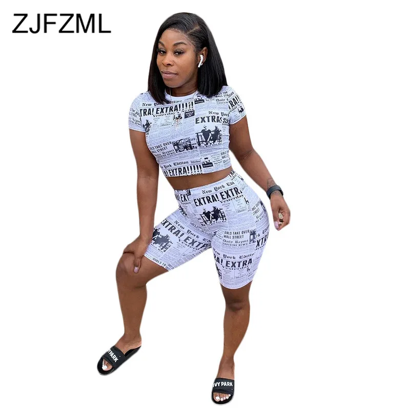 

Letter Newspaper Print Two Pieces Sets Women Summer Clothes O Neck Short Sleeve Crop Top And Bodycon Shorts Casual Club Outfits