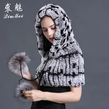 Женский Настоящий мех кролика, шапки, шарфы, зимние шапки, теплая модная меховая шапка с капюшоном, меховая шаль, пончо и накидки для женщин