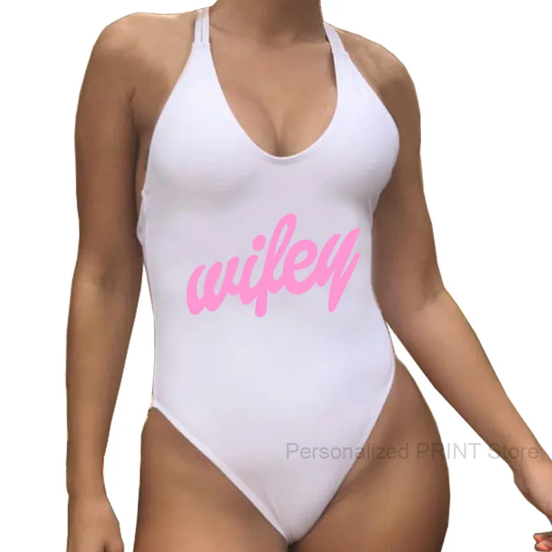 

Wifey One Piece Swimsuit High Cut and Low Back Sexy Bathing Suit for Womens Wifey Bathing Suits Monokini Swimsuits Pink Font