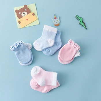 

0-3M Newborn Infant Baby Socks + Hand Cover Babies Anti Scratch Prevention Hand Gloves Stripped Cotton Socks for Baby Boys Girls