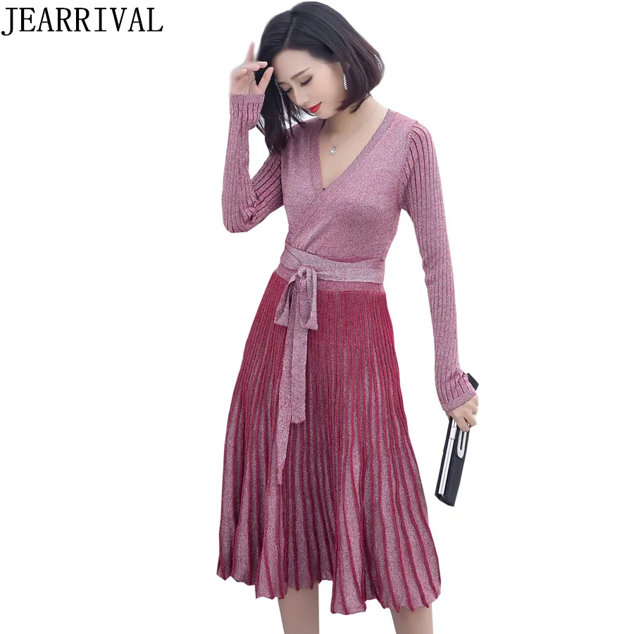 

2017 New Fashion Autumn Winter Dress Elegant Women Long Sleeve V-Neck Sequines Knitted Dresses Evening Party Vestido De Festa