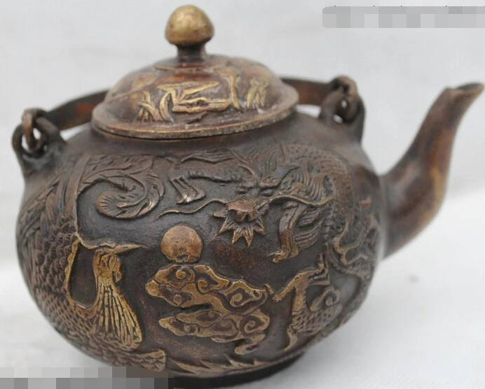 

003567 4"China Chinese Folk Bronze Lucky Dragon phoenix kettle water jug Statue