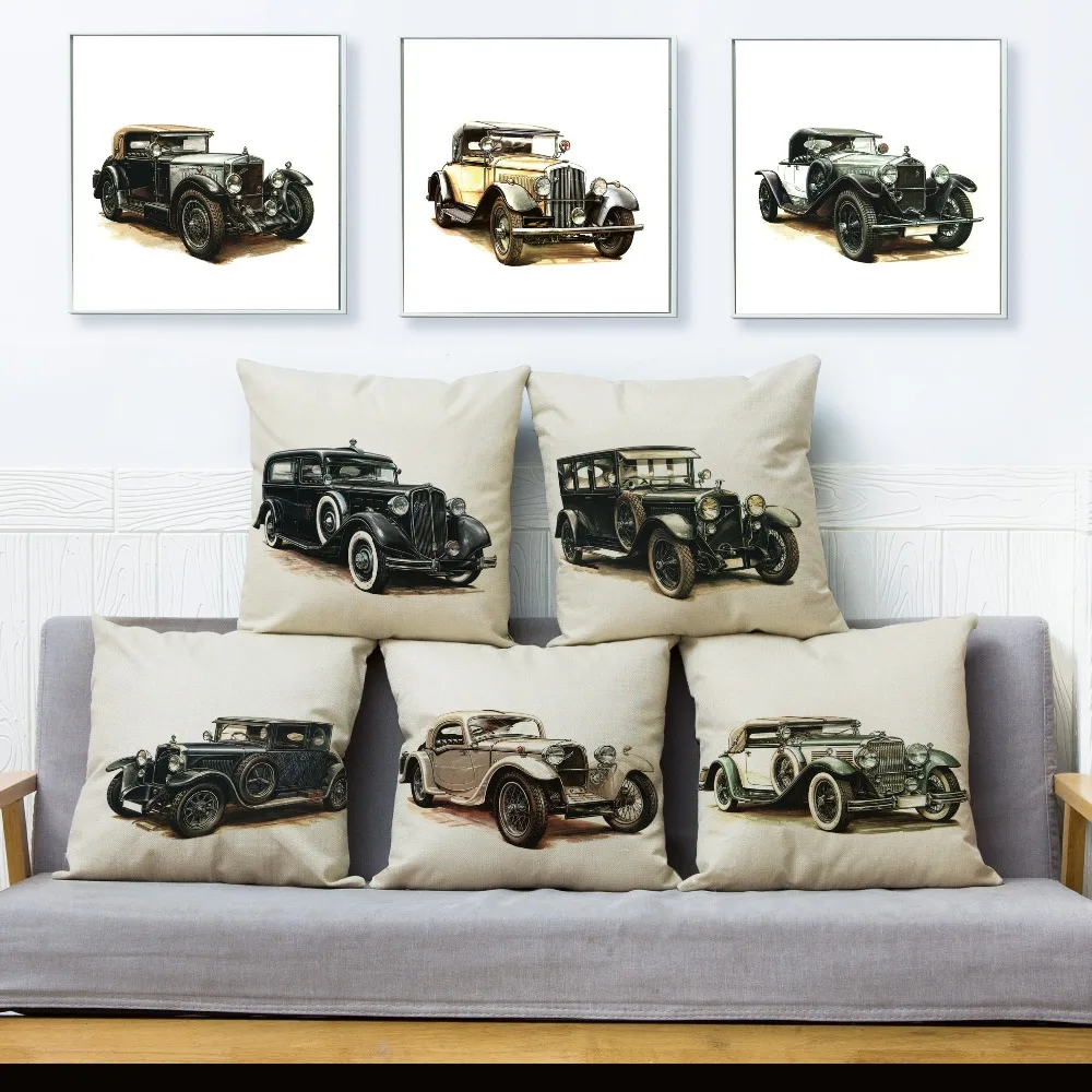 

Vintage Classic Car Cushion Cover Decor Europe Car Linen Pillowcase Linen Pillow Case for sofa Home Living Room 45X45cm