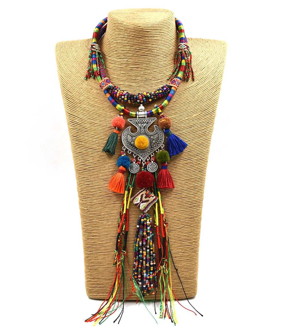 Clothing Accessories Bohemian Boho Ethnic Beaded Tassel Choker Necklace Handmade Colorful Beads Long Fringe Pendants Necklace