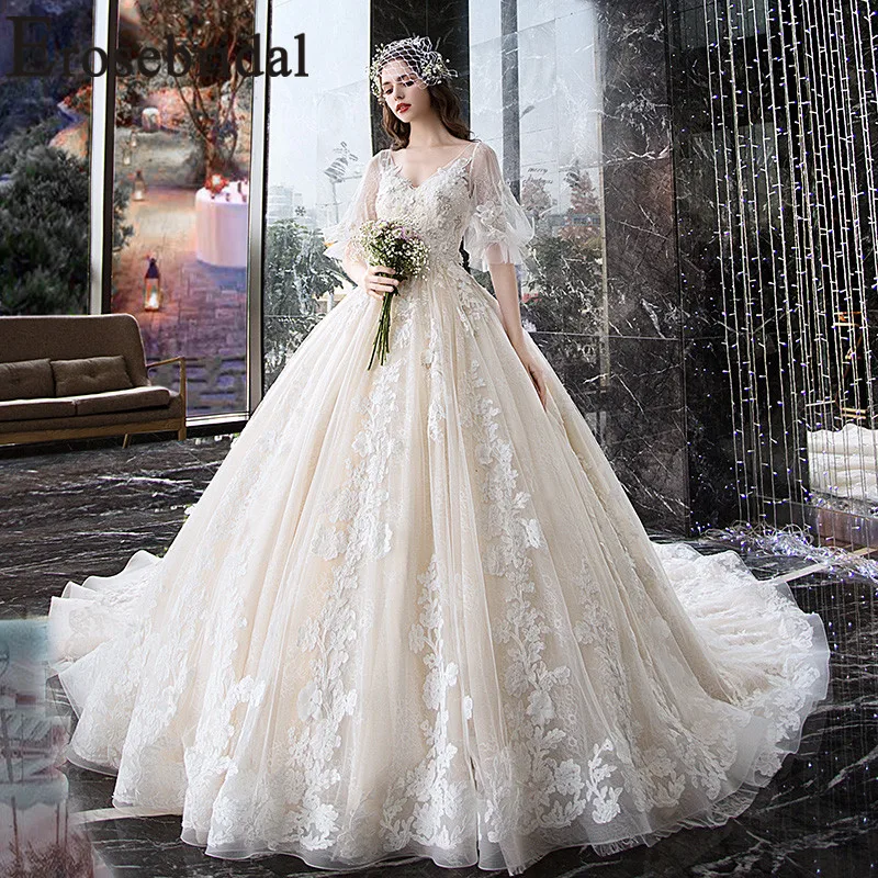 Кружевное бальное платье Erosebridal с длинным шлейфом и рукавами-фонариками 2019 |