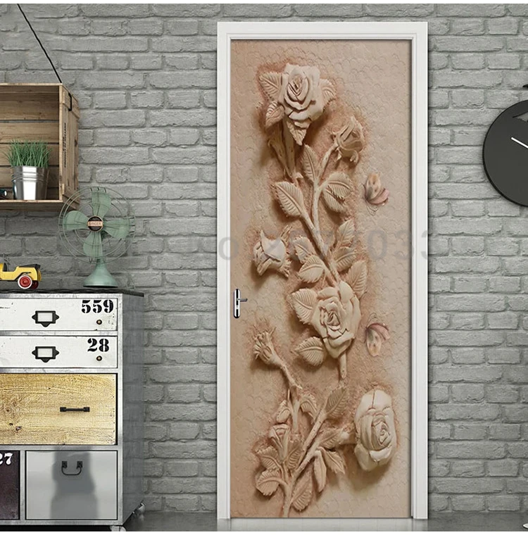 DIY Наклейка на дверь 3D рельефная Роза роспись бабочками для гостиной спальни Декор ПВХ самоклеющиеся водонепроницаемые двери 3D обои