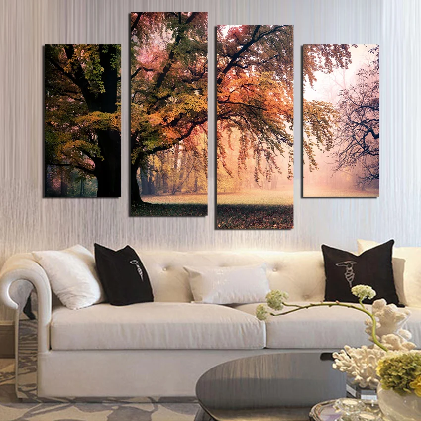 No Frame 4 Panel Modern Printed Pink Tree Landscape Painting Picture