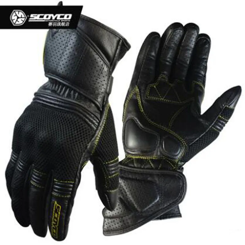 Летние дышащие мотоциклетные перчатки SCOYCO, мужские перчатки для мотокросса, перчатки из воловьей кожи, овчины, нейлона, ПУ, ПЭ - Цвет: Черный
