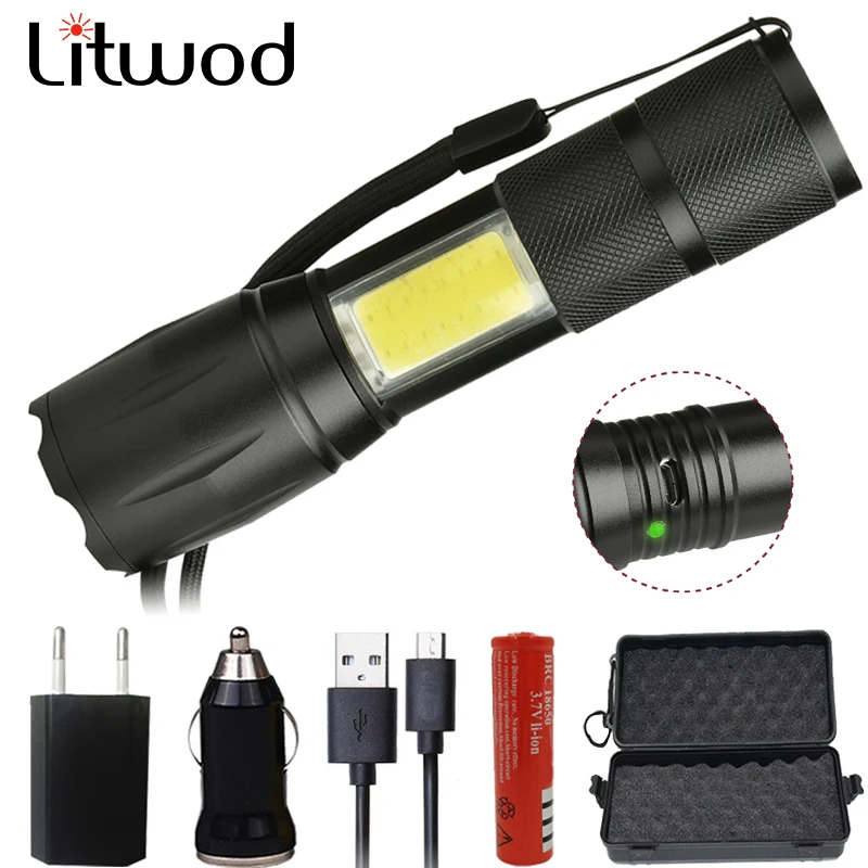 

litwod z20 103 Micro USB port rechargeable LED Flashlight Torch lantern XML T6 COB 5000LM 4 Modes Zoomable for Camping