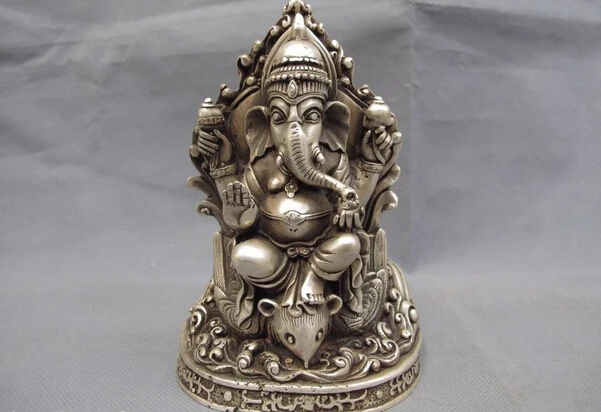 

S0932 Tibet Buddhism Temple White Copper Silver Ganapati Elephant God of wealth Statue D0317