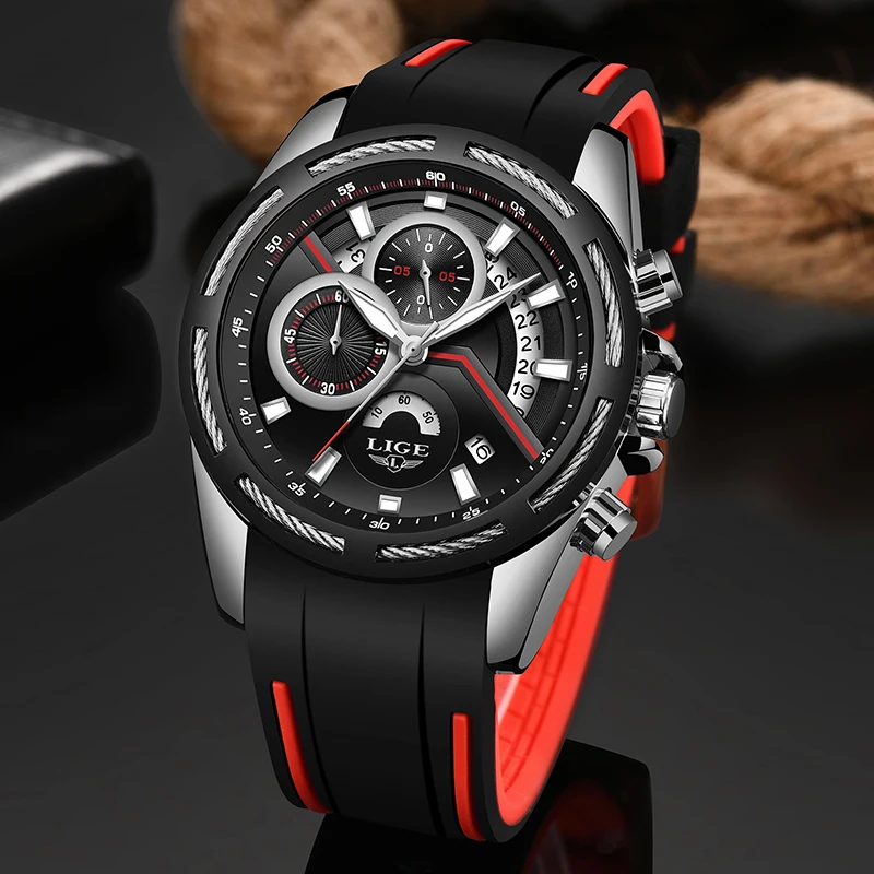 

Relogio Masculino 2019 LIGE Mens Watches Silicone Strap Top Brand Luxury Waterproof Sport Chronograph Silver Quartz Wristwatch