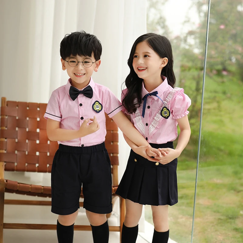 Детская модная школьная форма в корейском японском стиле, одежда для занятий спортом розовый топ, черная юбка/штаны, галстук, сценические