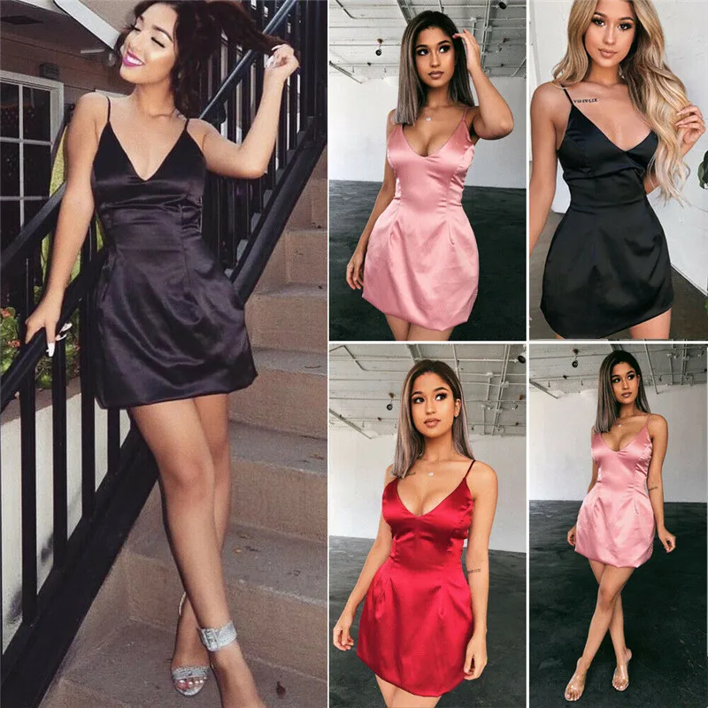 

Women Bandage Satin V-neck Slim High-Rise Casual Cocktail Club Mini Dress Party