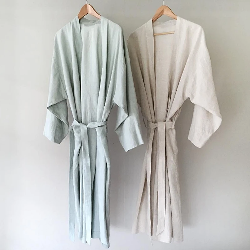 

7 Colors.Women Sleepwear Linen Pajamas Robes.Breathable Shower Spa Linen Robe Night Bathrobes Sleep Nightgown Robe Dressing Gown