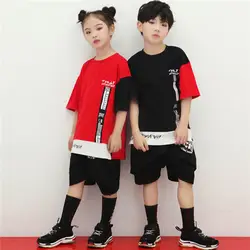 2019 летние танцевальные костюмы в стиле хип-хоп для мальчиков и девочек, камуфляжная куртка с капюшоном для девочек + черные шорты, комплект