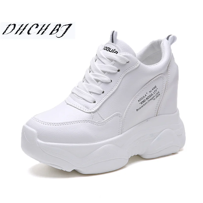 

10cm Hidden Heels White Black Platform Wedges Sneakers Fitess Women Shoes Lace Up Tenis Feminino Casual Basket Femme EU 34-39