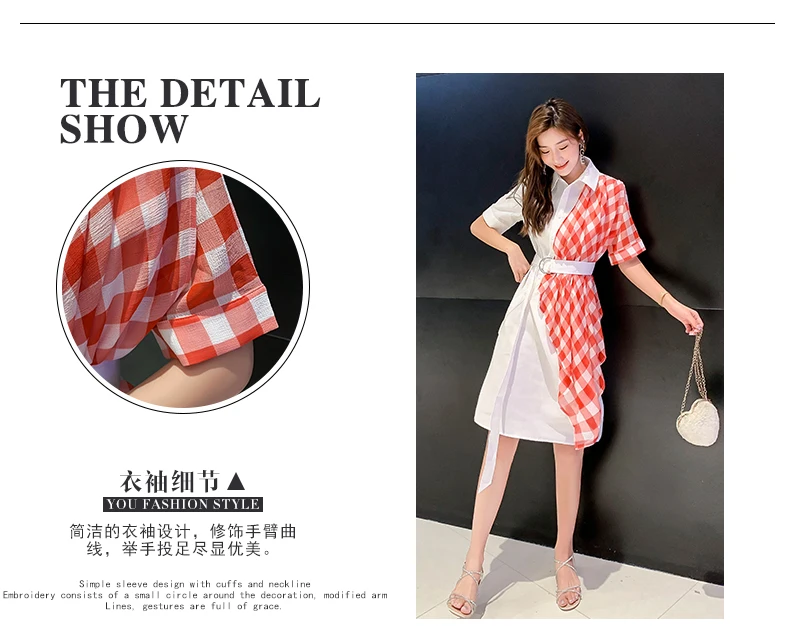 Women Summer Fashion Streetwear Short Sleeve Dress Plaid Patchwork Lace-Up Shirt Dress Korean Casual Dress