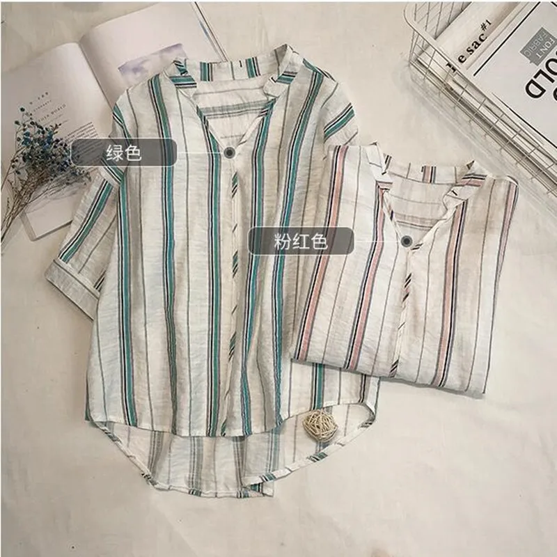 Summer New Women Shirt Chic Loose Bat Sleeve V-neck Striped Short Sleeve Blouse Female Leisure Fashion Korean Top Clothes H9005 4