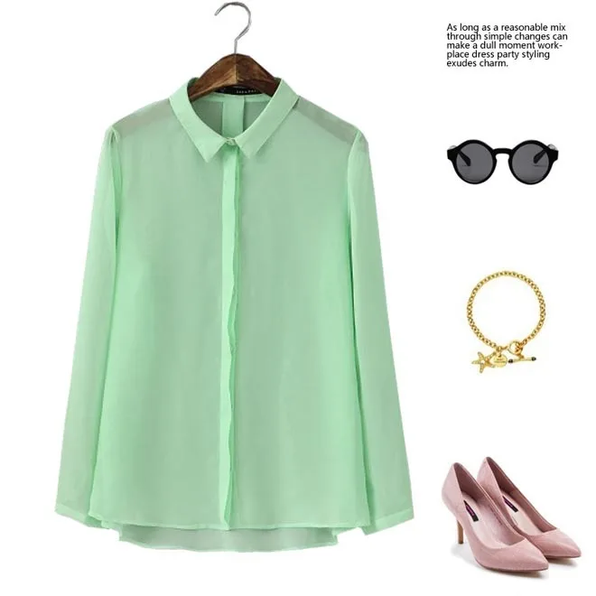 2014 New Women Chiffon Shirt T-shirts Fashion Turn-down Collar Long Sleeve Solid Candy Colors Clothing Blouse Summer CL1778 | Женская