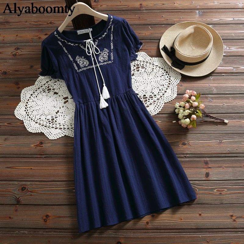 

Japanese Mori Girl Summer Women Sweet Dress Navy Blue Pink Floral Embroidery Tassel Dress Vestidos Elegant Cotton Kawaii Dresses