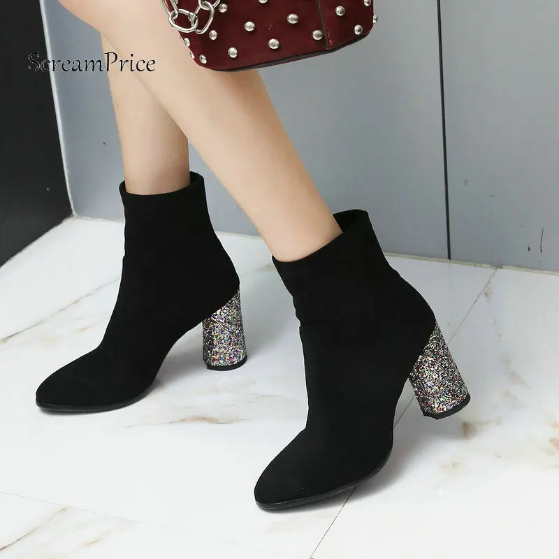 

Woman Bling Sqaure High Heel Slip On Ankle Boots Fashion Pointed Toe Dress Boots Woman Black Brown