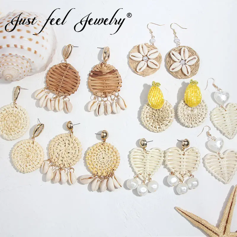 

JUST FEEL Boho Round Rattan Wooden Drop Earrings For Women Straw Weave Rattan Knit Vine Wedding Dangle Earrings Fashion Jewelry
