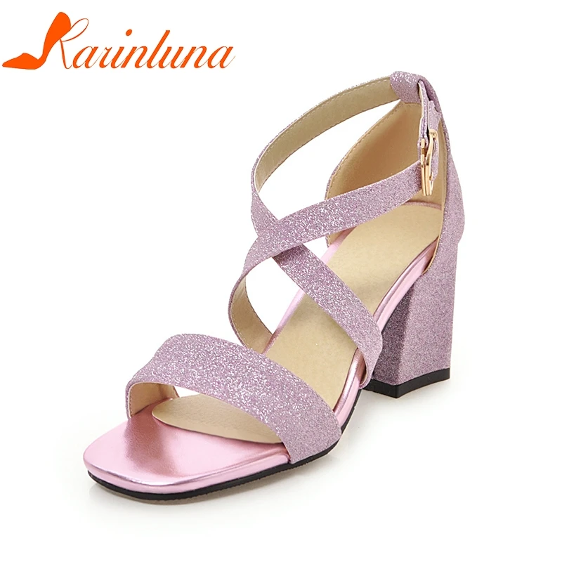 

KARINLUNA Dropship Best Quality Big Size 32-43 Square High Heels Summer Sandals Shoes Women OL Cross-strap Shoes Woman