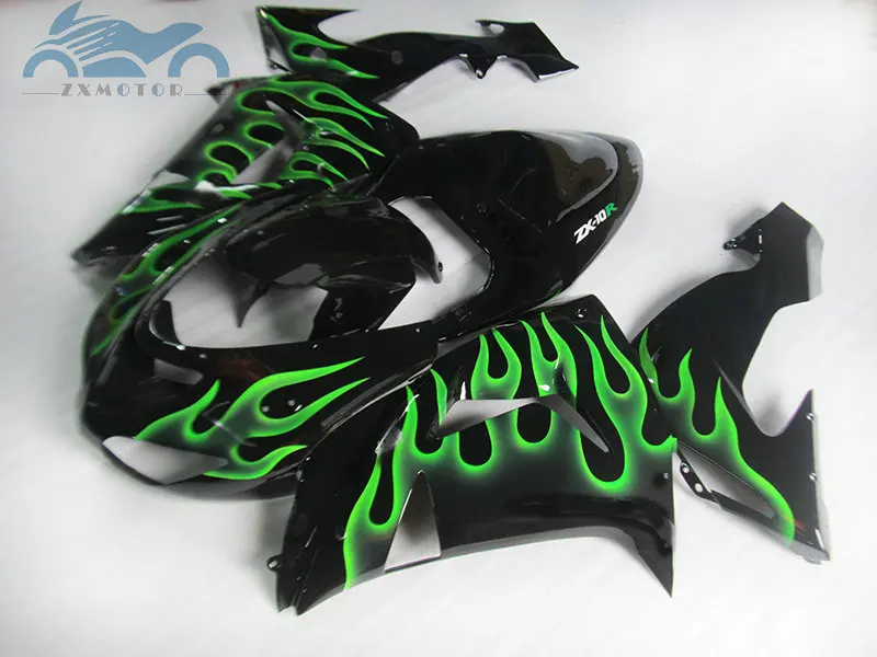 Бесплатные Обтекатели на заказ комплект для KAWASAKI Ninja 2006 2007 ZX10R ABS спортивный обтекатель комплект 06 07 ZX 10R зеленый пламя мотоциклов