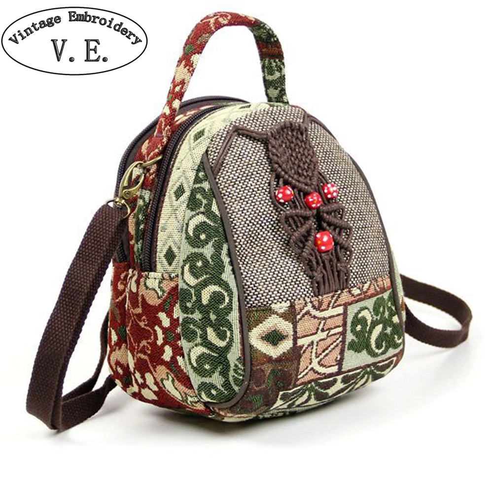 

Summer Women Backpack Double Zipper Small Shoulder Bag Hand-woven Linen National Geometrical Print Canvas Rucksack Shell Bag