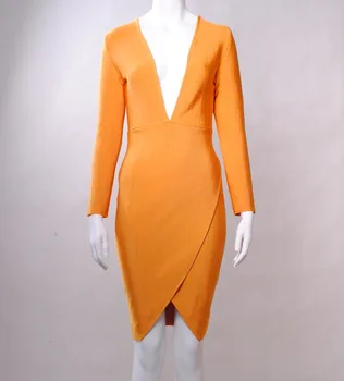 

Orange Color Long Sleeve Sexy Bodycon Mini Dress V-Neck Rayon Bandage Fashion Dress For Women