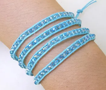 

Charming Sea Blue Crystal Glass Faceted Wrap Bracelet Line Wrap Woven Button Handmade Jewelry Wrap Bracelet Necklace Wais