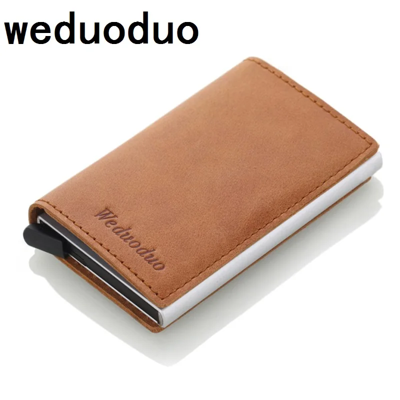 Cena Weduoduo mężczyźni blokowanie portfel rfid Mini prawdziwej skóry biznes aluminiowe etui na karty kredytowe torebka automatyczna kartka trójwymiarowa