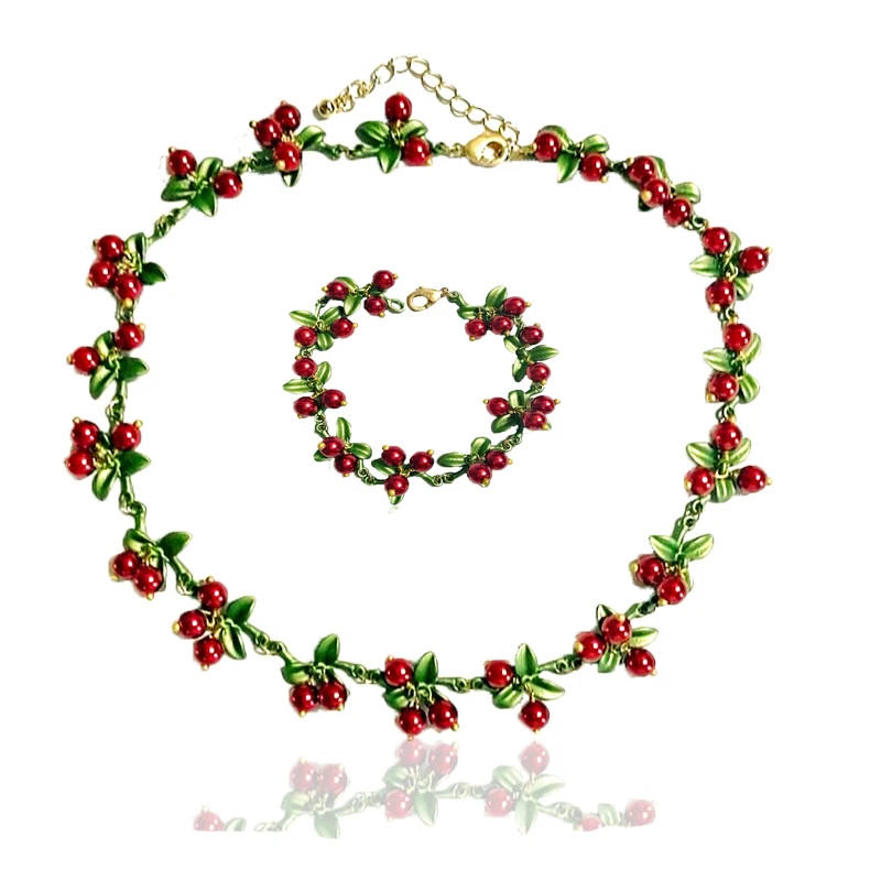 

CSxjd vintage necklace Imitation pearls Cranberry Alloy green paint necklace and bracelet Elegant Women Jewelry