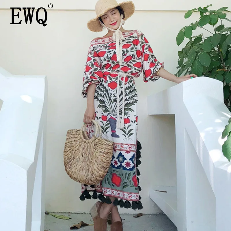 

[EWQ] 2019 Summer New Fashion Loose Causal Tassel Vent Hemline Short Sleeve Printed Batwing Short Sleeve Women's Dress YE16400