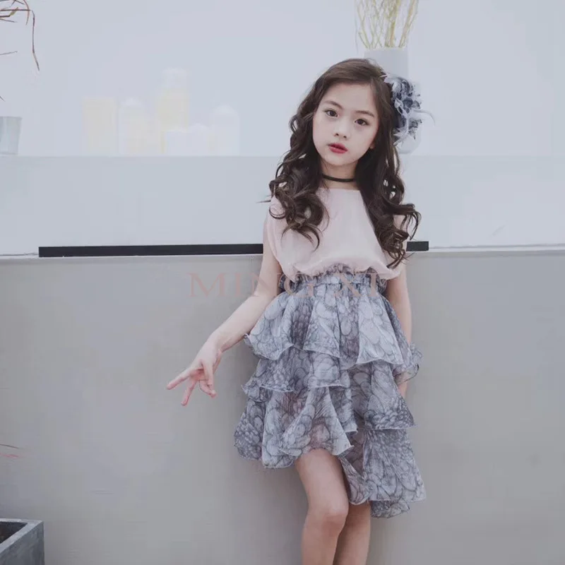 

2018 summer new children's clothing children dress girls short sleeve printing stitching chiffon sleeveless dress