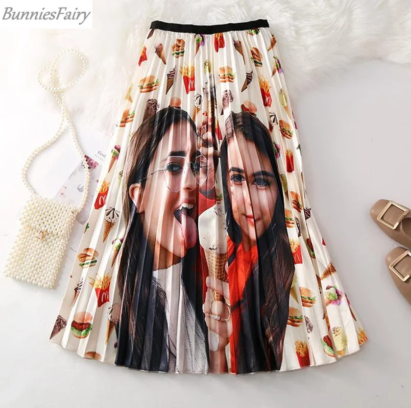 BunniesFairy Для женщин девушки сестры с рисунком гамбургер и мороженое для персонажа Цветочный принт комплект пуловер+ кожаная юбка Юбка-миди плюс Размеры