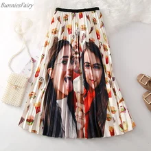 BunniesFairy Для женщин девушки сестры с рисунком гамбургер и мороженое для персонажа Цветочный принт комплект пуловер+ кожаная юбка Юбка-миди плюс Размеры