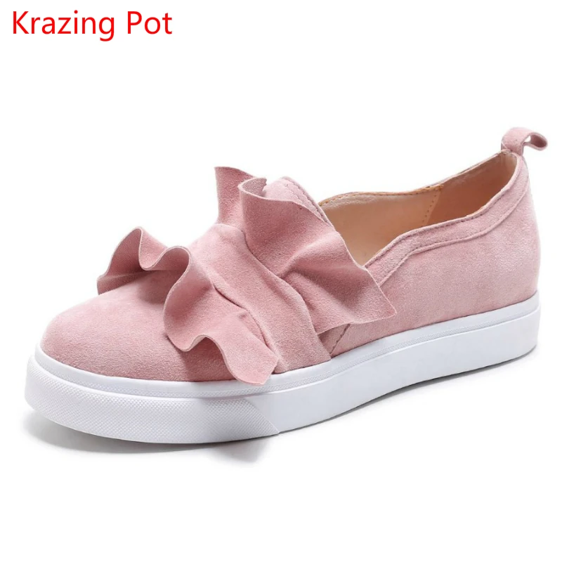 

2017 Sheep Suede Med Heel Wedges Slip on Casual Leisure Round Toe Loafers Fashion Sneakers Increased Women Vulcanized Shoes L29