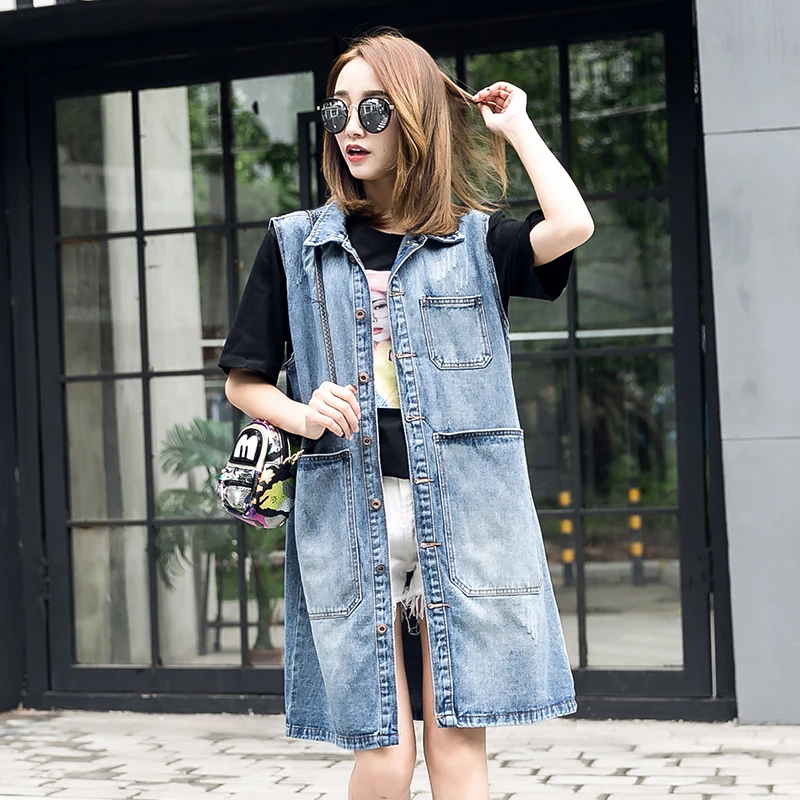 Wide Waisted Denim Loose Vest Fashion For Women's Long Boyfriend Pocket