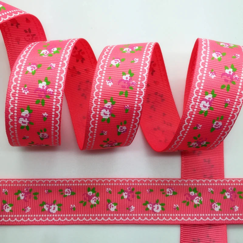 5 ярдов 1 дюйм 25 мм широкий цветочный принт корсажная лента бант для волос/Рождество/свадьба DIY шитье ремесло - Цвет: Pink