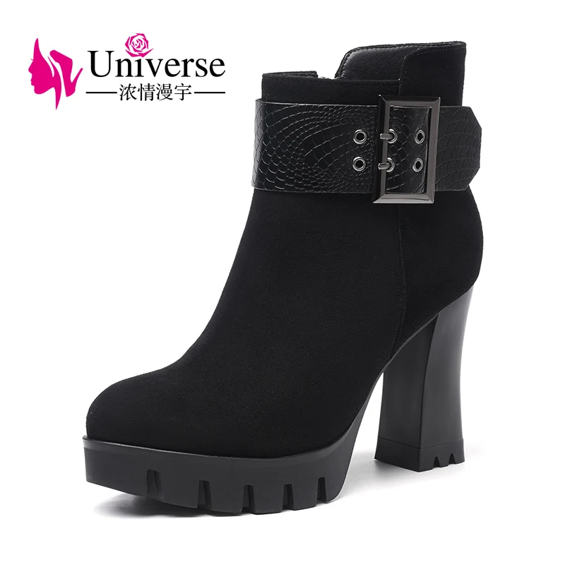 Rond Black Femmes Bottines Carré Univers Haut Suede Épais Dames D'hiver Kid Bottes Chaussures Bout G335 Talon iTPXuZlwOk
