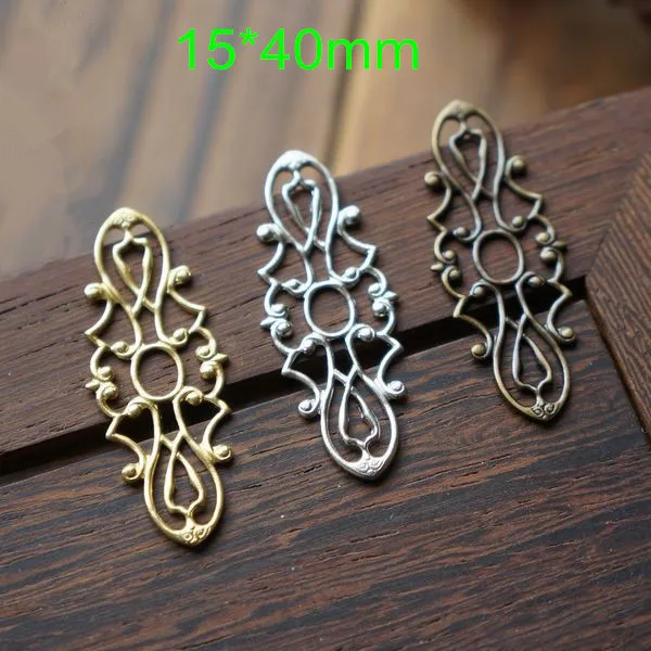 free shipping 30 pcs vintage hollow out long metal sheet 15 40mm filigree metal sheets