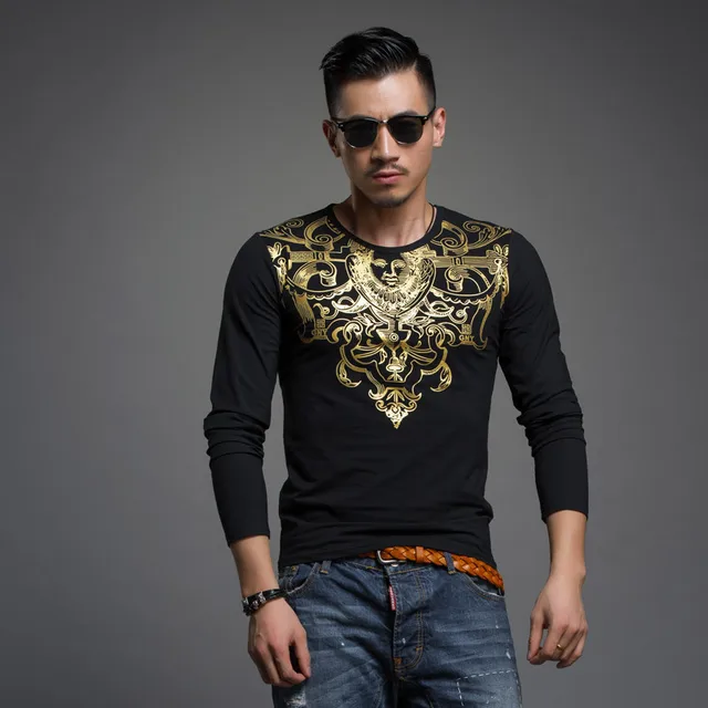 Free Shipping Mens t shirt Gold Printed Casual Slim Versa Cemen t shirt ...