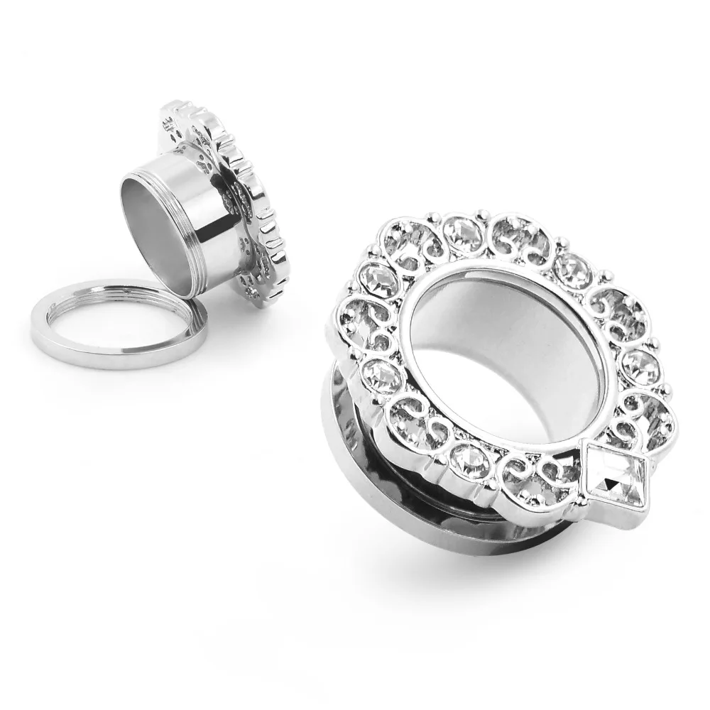 hot fashion crystal ear plugs stainless steel silver ear tunnels body