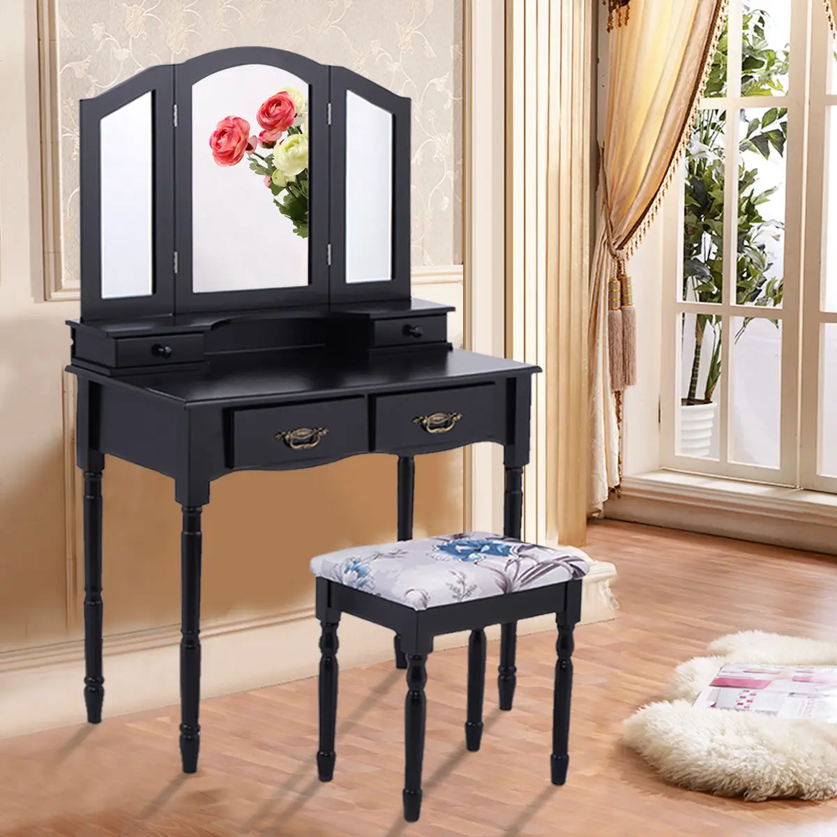Складное зеркало Giantex HW54073BK черное с 4 ящиками столик для макияжа мебель дома и спальни|modern dressers|modern bedroom