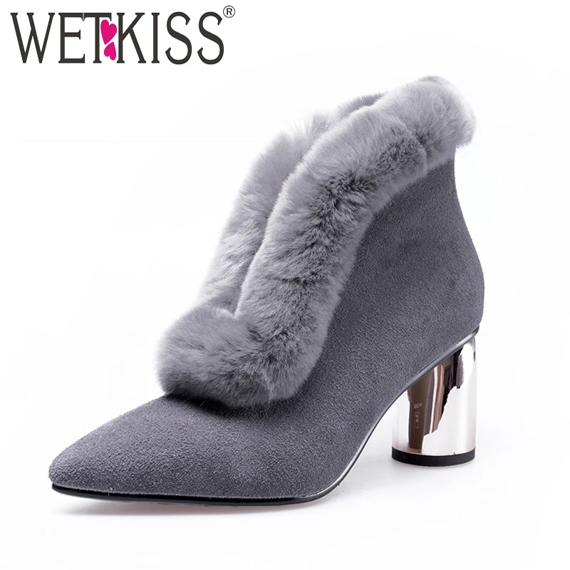 

WETKISS High Heels Women Ankle Boots Zip Pointed Toe Footwear Cow Suede Female Boot Fur Warm Shoes Women 2018 Winter New Black