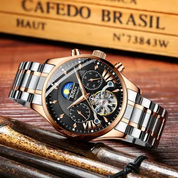 

2019 new BIDEN brand mens watches stainless steel Fully automatic mechanical Multifunction Tourbillon man wristwatches