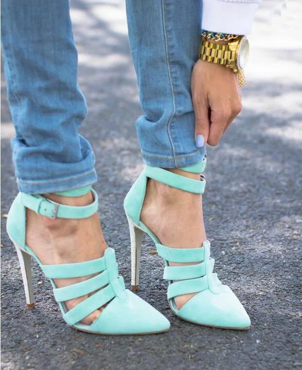 

Light blue pointed toe suede women sandals 2016 hollow out high heel sandals fashion ankle buckle sandals stiletto heel pumps