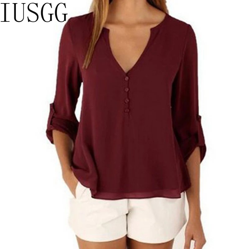 

2019 Spring Spliced Blusa Feminina Office Lady Deep V-Neck Solid Womens Tops And Blouses Full Sleeve Office Lady Chiffon Blouse